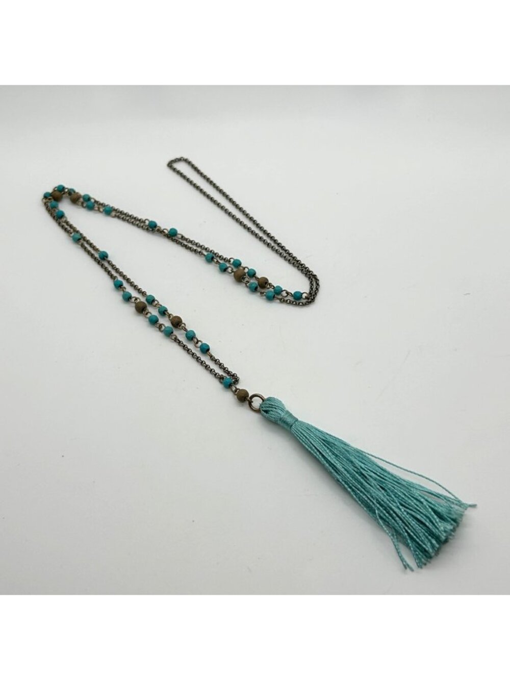 Boho Turquoise Bead Necklace With Tassel & Bronze Chain Featuring Wood and Stone
